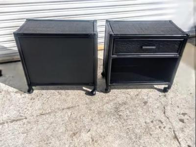 Pair of Ebony Boho Chic Rattan and Bamboo Single Drawer Nightstands