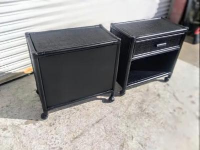 Pair of Ebony Boho Chic Rattan and Bamboo Single Drawer Nightstands