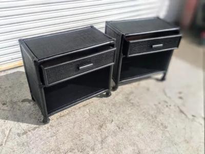 Pair of Ebony Boho Chic Rattan and Bamboo Single Drawer Nightstands