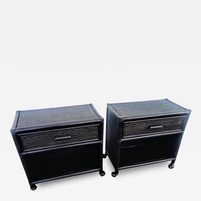 Pair of Ebony Boho Chic Rattan and Bamboo Single Drawer Nightstands