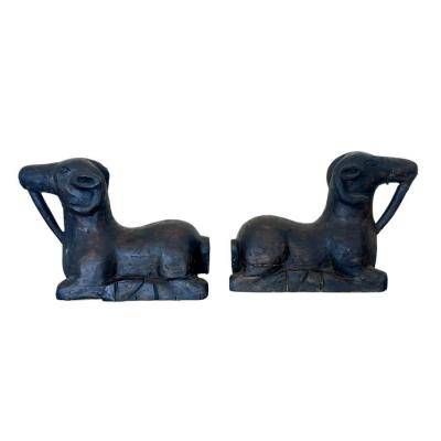Pair of Egyptian Revival Ram Goat Wood Carving Sculptures