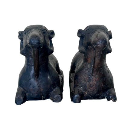 Pair of Egyptian Revival Ram Goat Wood Carving Sculptures