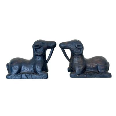 Pair of Egyptian Revival Ram Goat Wood Carving Sculptures