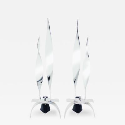 Pair of Elegant Flame Andirons in Polished Chrome 1960s