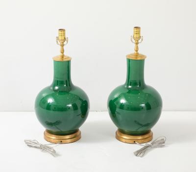 Pair of Emerald Green Glazed Gourd Lamps
