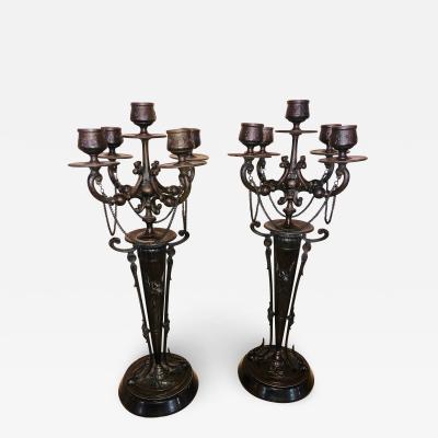 Pair of Empire 19th Century Bronze Candelabras Depicting Insects