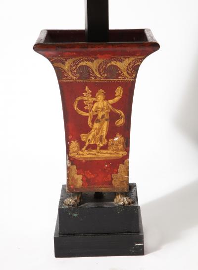 Pair of Empire Red Tole Peinte Cachepots Mounted as Lamps