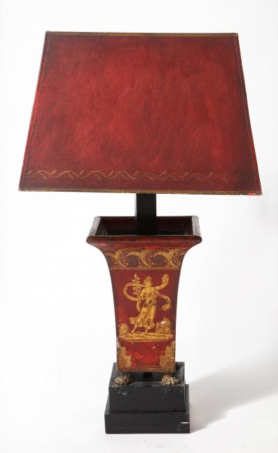 Pair of Empire Red Tole Peinte Cachepots Mounted as Lamps