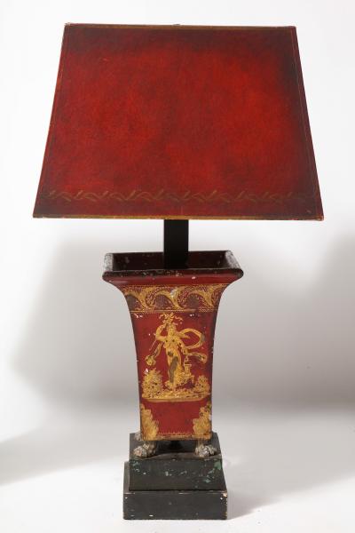 Pair of Empire Red Tole Peinte Cachepots Mounted as Lamps