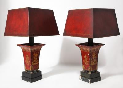 Pair of Empire Red Tole Peinte Cachepots Mounted as Lamps