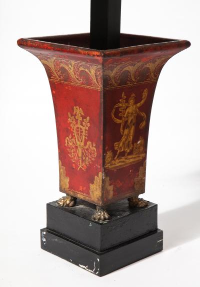 Pair of Empire Red Tole Peinte Cachepots Mounted as Lamps
