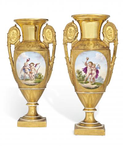 Pair of Empire period antique Parisian porcelain vases