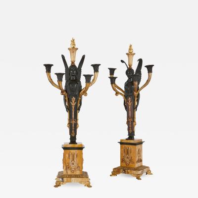 Pair of Empire style bronze and marble antique candelabra