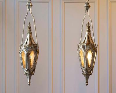 Pair of English 19th Century Painted Iron Gothic Revival Period Lanterns