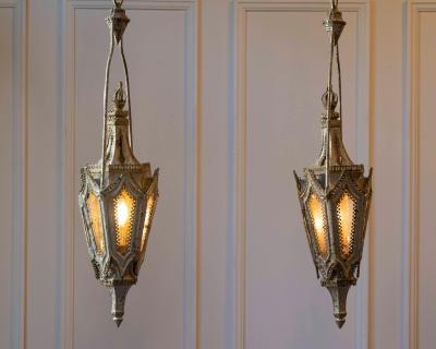 Pair of English 19th Century Painted Iron Gothic Revival Period Lanterns