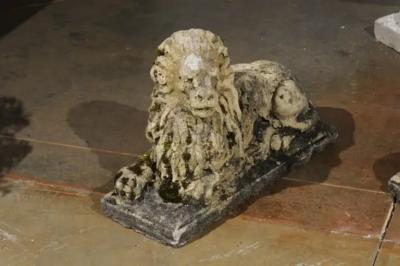 Pair of English 20th Century Composition Reclining Lion Sculptures with Patina