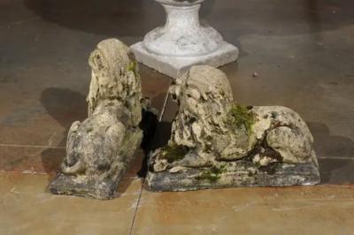Pair of English 20th Century Composition Reclining Lion Sculptures with Patina