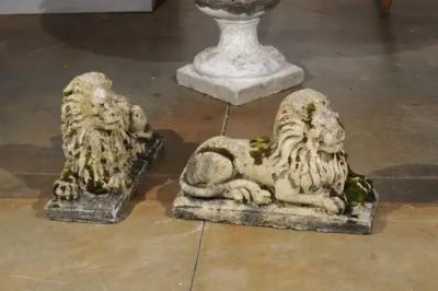 Pair of English 20th Century Composition Reclining Lion Sculptures with Patina