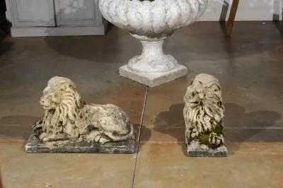 Pair of English 20th Century Composition Reclining Lion Sculptures with Patina
