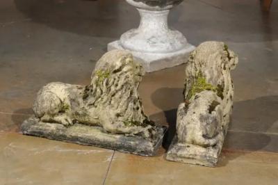 Pair of English 20th Century Composition Reclining Lion Sculptures with Patina