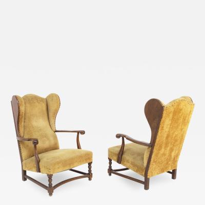 Pair of English Armchairs in Velvet and Walnut Wood from the Late 19th Century