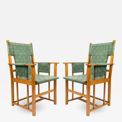 Pair of English Arts Crafts Green Arm Chairs