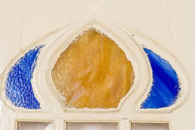 Pair of English Arts Crafts Stained Glass and Wood Doors