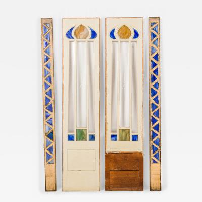Pair of English Arts Crafts Stained Glass and Wood Doors