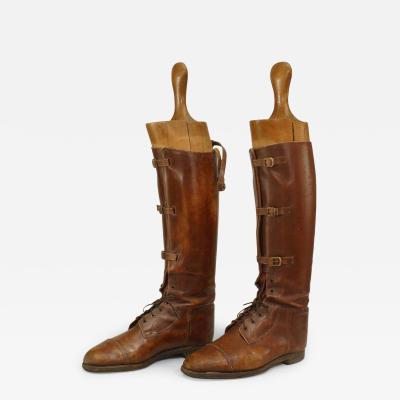 Pair of English Brown Leather Boots with Shoe Trees
