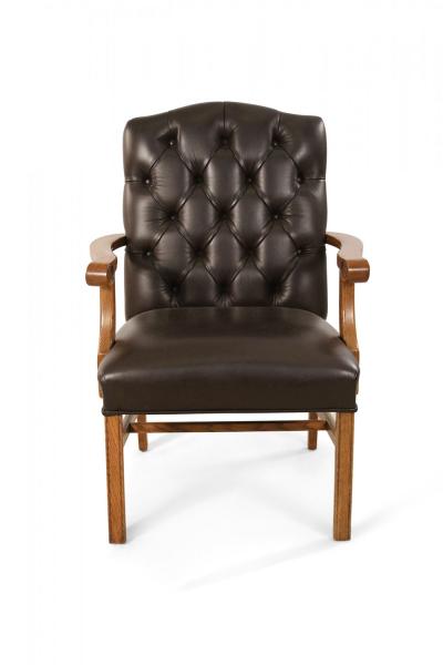 Pair of English Chippendale Style Button Tufted Brown Leather and Oak Armchairs