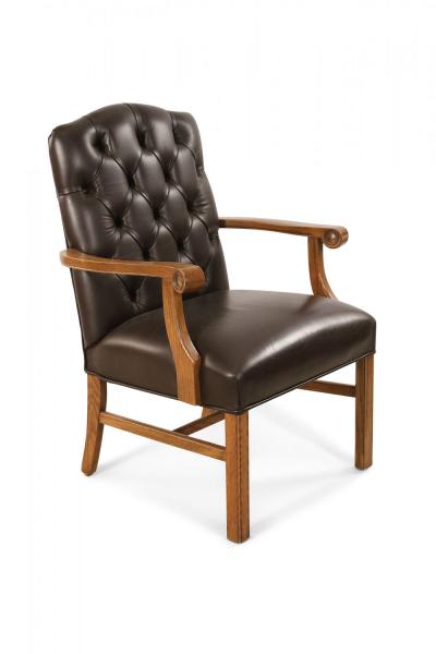 Pair of English Chippendale Style Button Tufted Brown Leather and Oak Armchairs