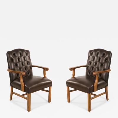Pair of English Chippendale Style Button Tufted Brown Leather and Oak Armchairs