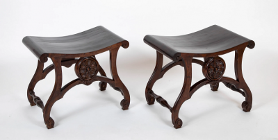 Pair of English Chippendale Style Mahogany Saddle Seat Scroll Leg Stools