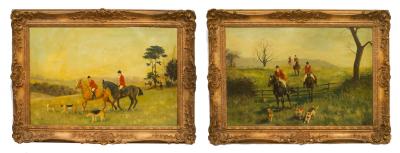 Pair of English Country Hunt Scene Paintings