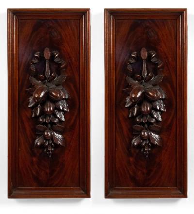 Pair of English Country Mahogany Carved Floral Wall Plaques