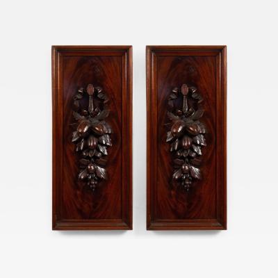 Pair of English Country Mahogany Carved Floral Wall Plaques