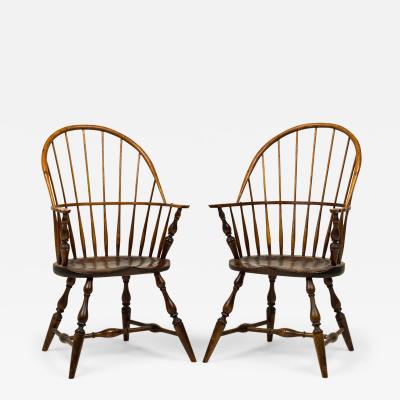 Pair of English Country Windsor Back Carved Oak Dining Armchairs