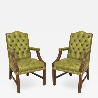 Pair of English Georgian Green Tufted Chairs