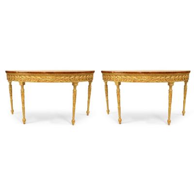 Pair of English Georgian Satinwood Demilune Console Tables