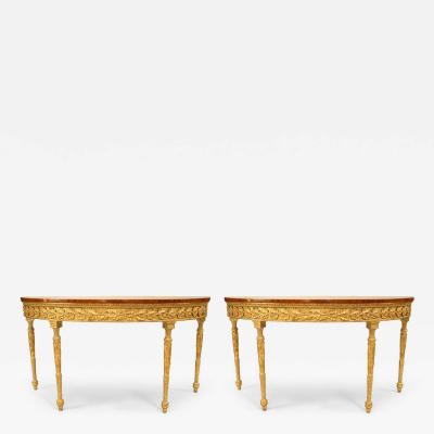 Pair of English Georgian Satinwood Demilune Console Tables
