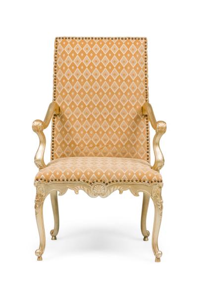 Pair of English Georgian Style Carved Armchairs With Geometric Design Fabric