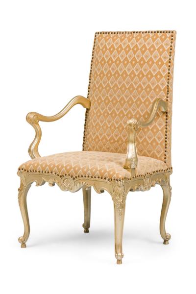 Pair of English Georgian Style Carved Armchairs With Geometric Design Fabric