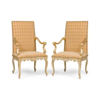 Pair of English Georgian Style Carved Armchairs With Geometric Design Fabric