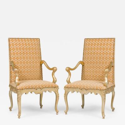 Pair of English Georgian Style Carved Armchairs With Geometric Design Fabric