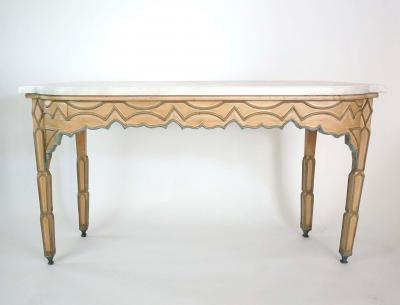 Pair of English Gothic Polychrome Painted Consoles with Marble Tops