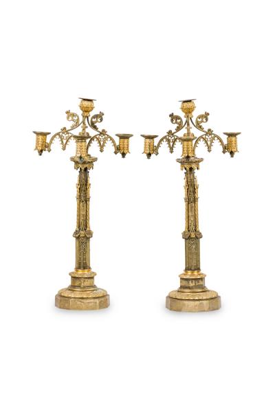 Pair of English Gothic Revival Style Bronze Dore Candelabras