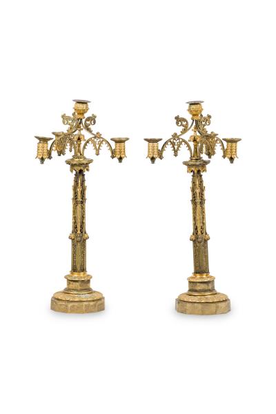 Pair of English Gothic Revival Style Bronze Dore Candelabras