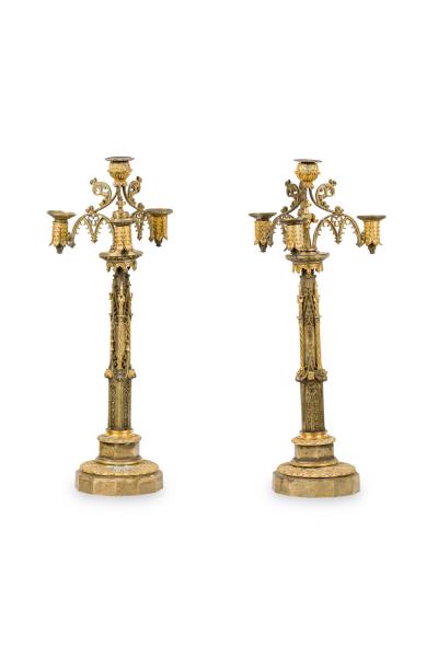 Pair of English Gothic Revival Style Bronze Dore Candelabras