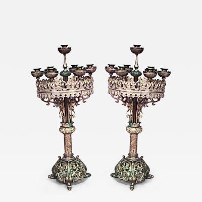 Pair of English Gothic Revival bronze round shaped top 7 arm candelabra