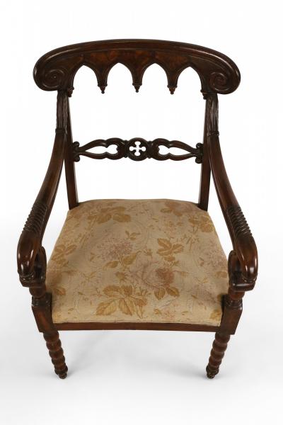 Pair of English Gothic Style Mahogany and Gold Damask Armchairs